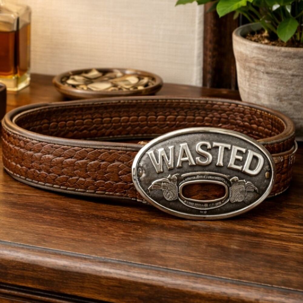 Kalan WASTED Silver Belt Buckle With Built In Bottle Opener Foaming Beer Mugs